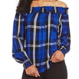 Sanctuary Elegant Blue Plaid Off-Shoulder Blouse